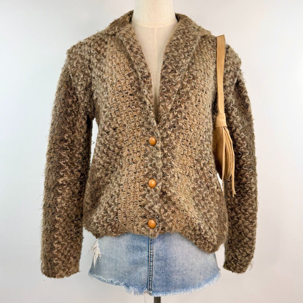 Vintage 70s Chunky Knit Brown Cardigan Western Boho Cabin Cottage Core Size M/L
